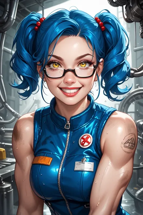 Generate an image with: score_9, score_8_up, score_7_up, score_6_up. A 45-year-old woman with short blue hair and two pigtails, bright yellow eyes, wearing prescription glasses, looks directly at the viewer with a wide, confident smile, showing her white, ...