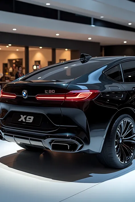 create an ultra-detailed 3D render, of a modern 2025 (bmw x9 )with a bold design looking long   Like limousine  captured from back side view. The car should feature a Gleamy black color with a ( bmw ) logo on its back, a large white detailed grille like ro...