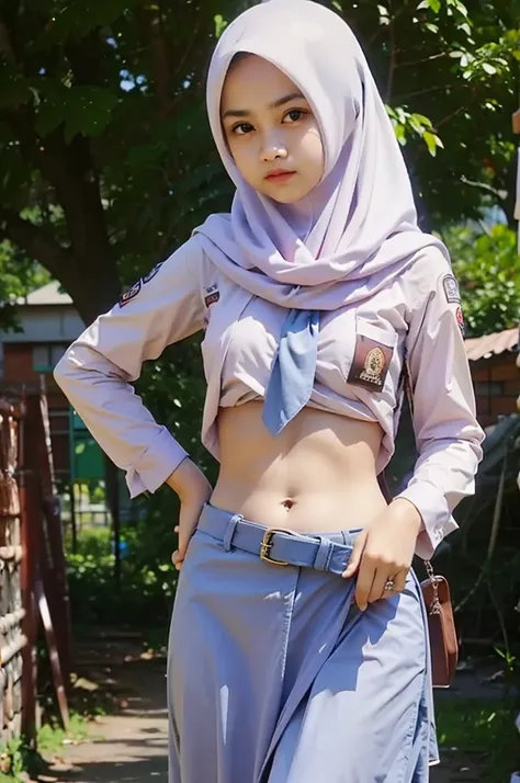 Gen z girl wearing hijab ,skinny face ,long shirt slightly exposed navel ,small hip ,long skirt low waist with style buckle belt ,hands on hips