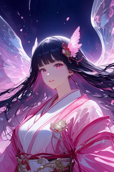 (masterpiece, best quality:1.2), 1 girl, unique, (pink Japanese Yukata with detailed imagery of sakura petals, translucent, ethereal, concept, bleeding in with background), excited, beautiful detailed glistening eyes, beautiful detailed smile, parted lips,...