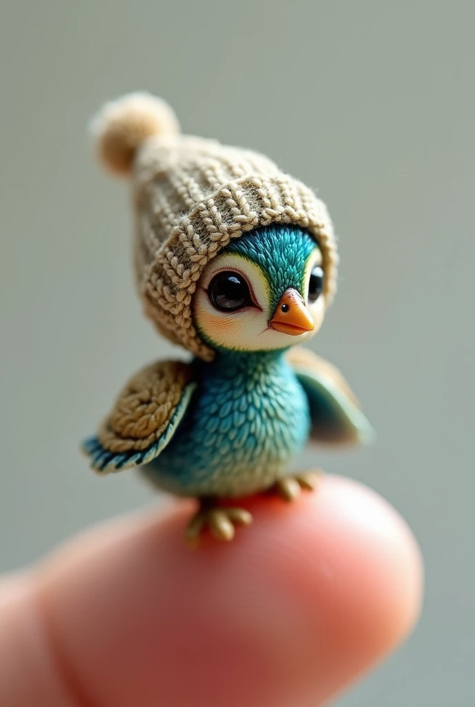 3 cm miniature real
image of a tiny
baby peacock, wearing cozy hat, sitting
on a human thumb