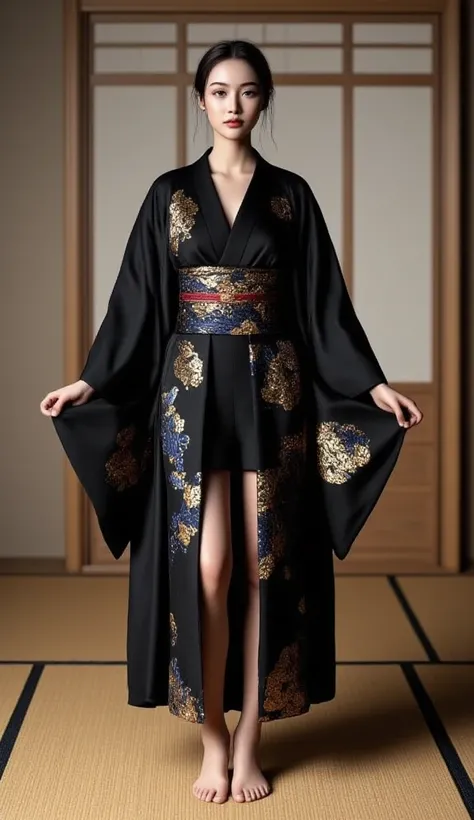 Full body shot, Young woman, japanese origin, beautiful, wearing beautiful japanese ocasional black silk yukata with gold and blue and red ornaments, barefoot, stand on tatami and presenting whole yukata, model shot,  masterpiece, 8k, midjourneyv6.1