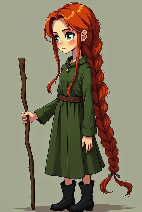  Girl with long red hair tied in a large and long braid,  heavenly eyes , light skin,  simple adventurous clothing like green dress , black heel boots ,  a fantasy rod in her right hand ,  may she have a serious look 