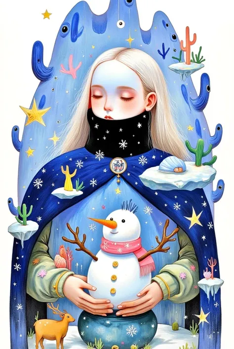  young woman in hot suit,   with eyes closed  ,  snowflake,   holding a snowman in both hands ,  女巫的ice帽 ,   reindeer next to it  ,  装有ice雪的女巫大锅 ,  jewelry , ice, lots of  snowflake ,   long hair , Write ,  White hair,painting (medium),  blue robe with  sn...