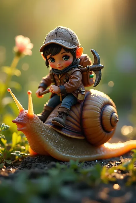 "Hyper-realistic macro photograph of a tiny treasure hunter with a glowing crystal pickaxe, riding the glistening shell of a garden snail. The snail’s slimy trail glimmers with reflected light, and the character’s leather outfit is adorned with tiny vials ...