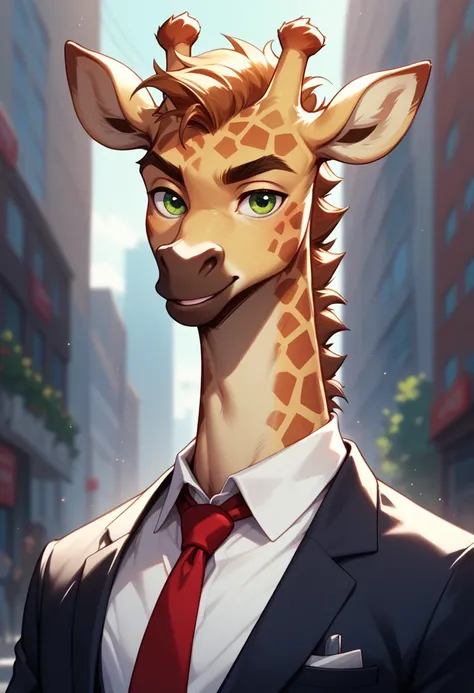 Furry giraffe guy green eyes pumped up man in a business suit