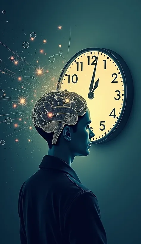 "A conceptual and symbolic illustration of time and thought. A glowing clock with clear, prominent hands is shown in the background, symbolizing urgency. In the foreground, a stylized human brain is depicted, surrounded by faint outlines of gears, light ra...