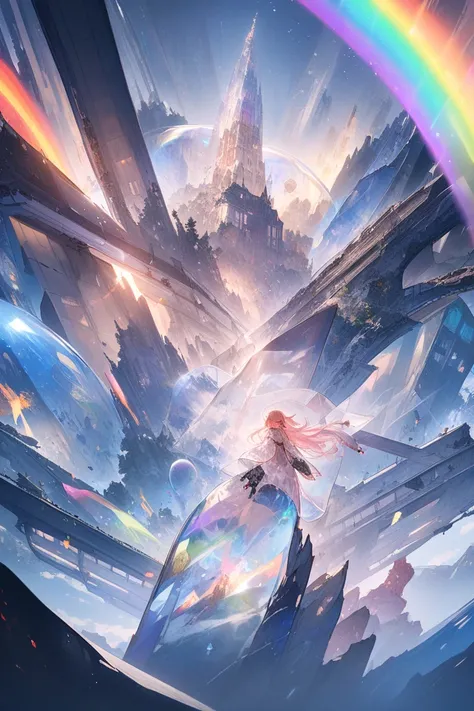  top quality , Super fine, 16k, 2.5D,  Delicate and Dynamic Depiction ,Floating in the sky,red, long hair,Play sacred sounds with beautiful game characters singing voices,  Transparent, translucent, and rainbow-colored barriers break , Game Production Effe...