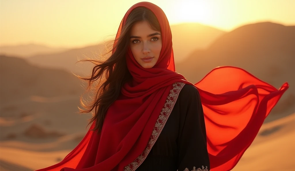 Create a realistic digital artwork of a young woman standing outdoors with a blurred desert or mountainous background during golden hour. The woman wears a striking red scarf (hijab) that flows elegantly in the breeze, draping over her head and shoulders. ...