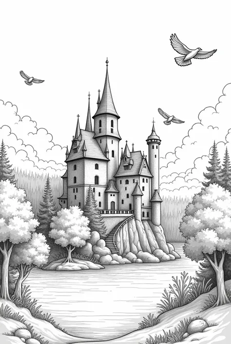  I want to sell coloring books 　 white background 　 an old castle nestled in the forest 　 The castle is delicately drawn down to the smallest detail　There is a lake next to the castle 　 birds are flying