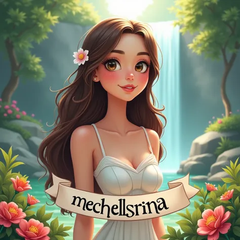 one elegant ai lady cartoon,got MECHELLSRINA WRITTEN ON BANNER,background got flower WATERFALL NATURE AROUND HER,BROWN LONG HAIR