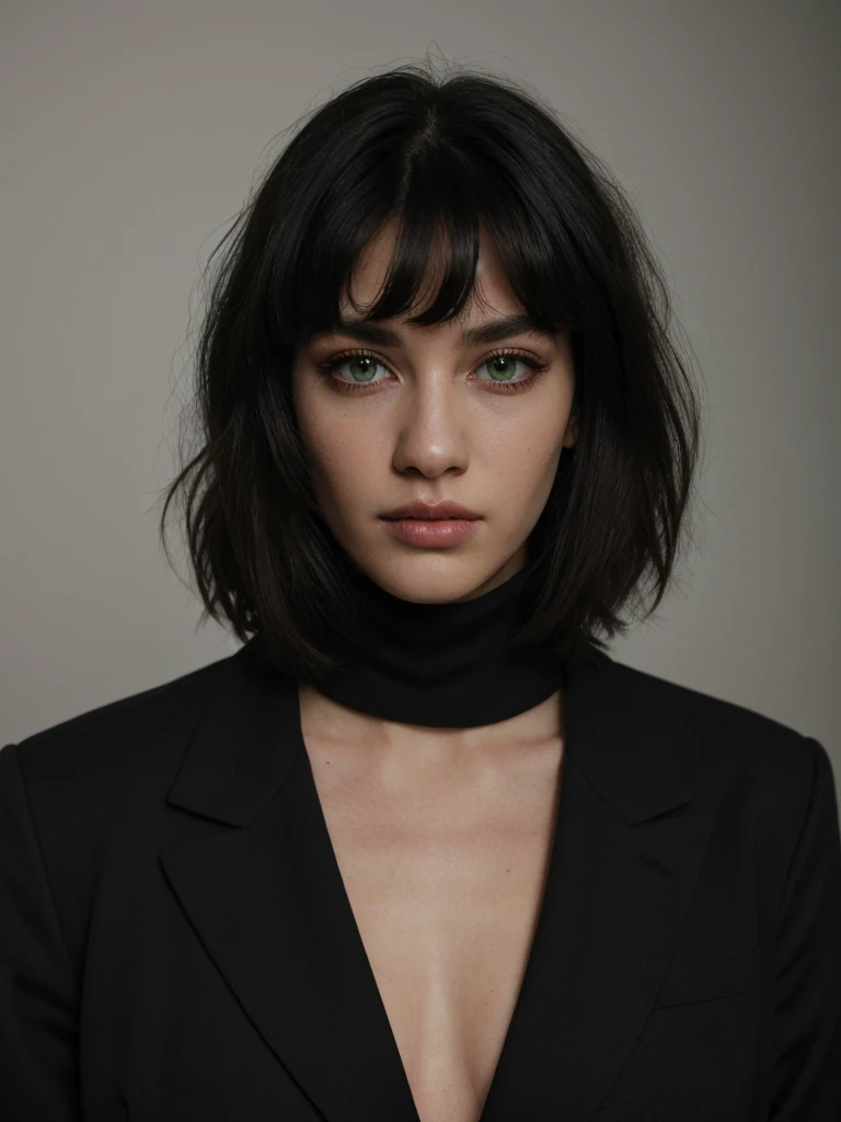 Best quality, masterpiece, ultra high res, (photorealistic:1.5), raw photo, 1 mature girl, black turtleneck shirt, black blazer, in the dark, deep shadow, low key, cold light, sexy look, black long straight hair with bangs, (((jet black hair))), green eyes...