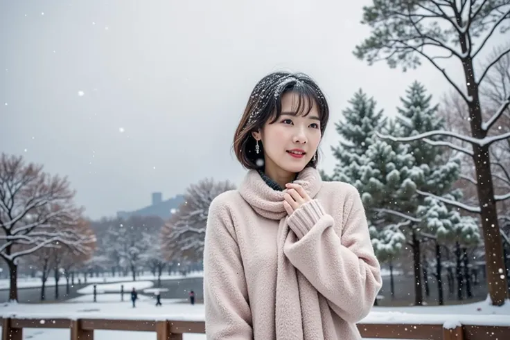  beautiful Korean woman in her 40s. Inspired by movie star Son Ye-jin.  Short Medium Length Hair . A middle-aged woman with a neat and quiet appearance . Picture of a pretty bright pink sweater standing in front of a snowflake and smiling. I wore a black c...