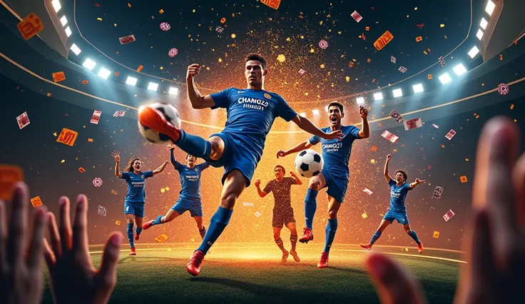 create a sports flyer text says "CHANG123 EASY TO WIN", text on center, flying chips, flying cards, flying money, black and gold themes background, detailed text, thailand words, thailand languages, thailand text, {{photo of ronaldo wearing thailand nation...