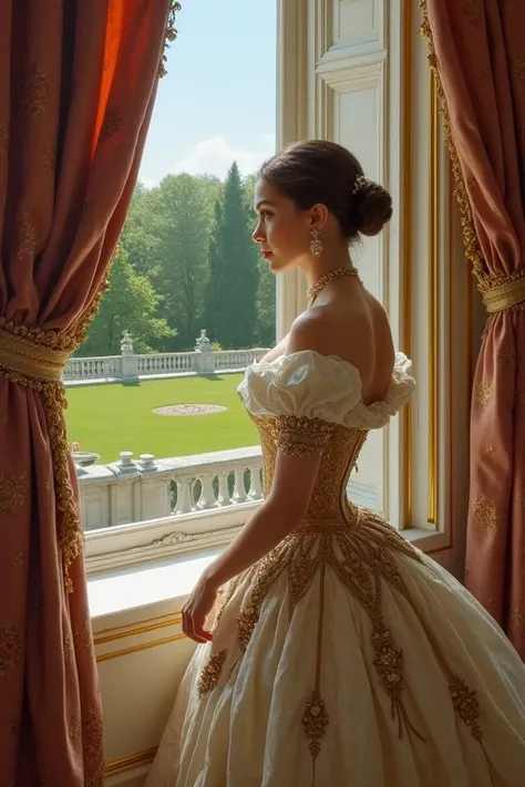 Portrait woman in a palace, near a windows, open to a garden like versaille. Duchess 