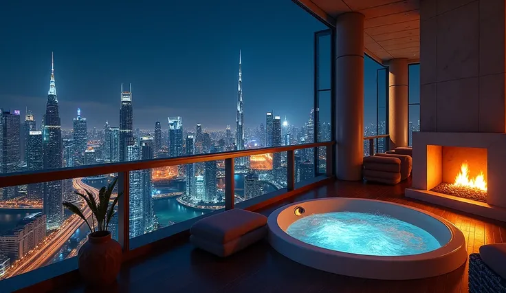 Dubai night view、illumination、 Luxury high-rise apartment balcony in the center of the balcony 、  fireplace 、Whirlpool bath、 