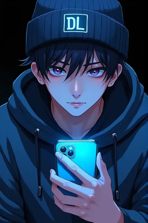 Korean handsome face anime man,wearing beanie hat with DL logo,holding neon blue cellphone on black background,dark theme,amazing,ultra hd