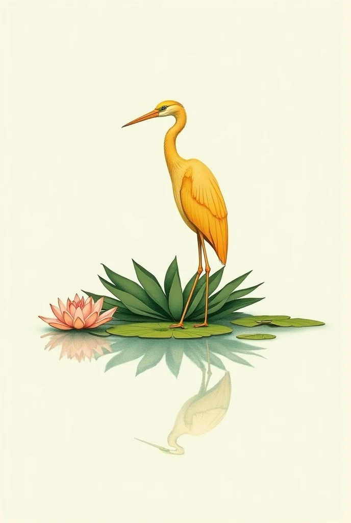 a minimalist drawing of a golden heron on a Mexican water lily plant