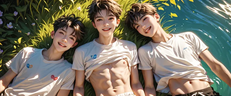 two young and skinny chinese boys are near a river for a pic nic together. they have hairless body, they are very beautiful, very young and only wear a t-shirt with happy expressions. they are very young, skinny six packs abs, happy to show stay in the nat...