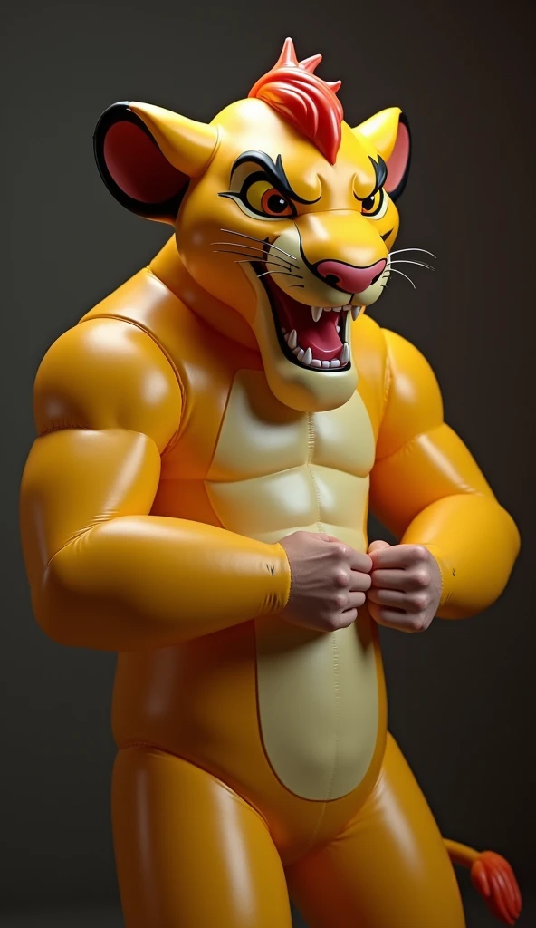 Realistic, man stretching open and getting inside putting on a skintight living inflatable simba costume, simba has devious grin, simba is extremely sexually pleasuring man, inflatable, air filled toy with seams and a valve, rubbery shine and texture, simb...