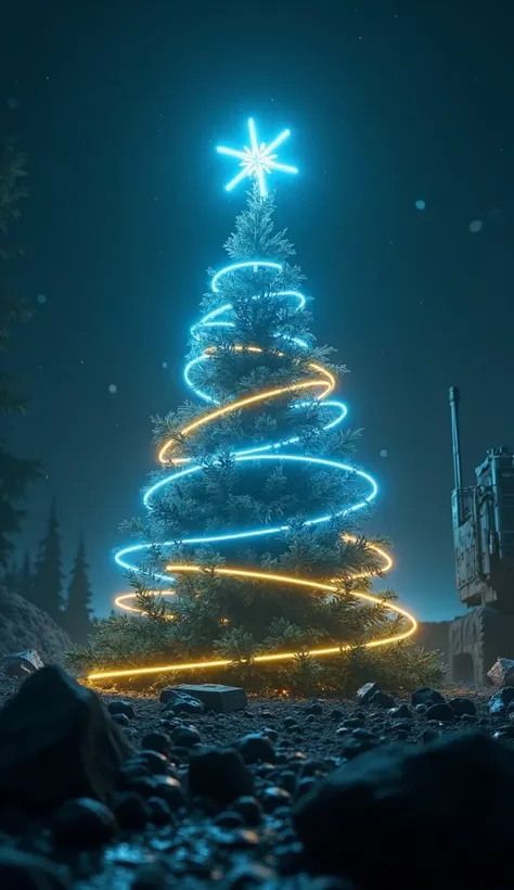 A realistic picture. A Christmas tree formed by dense, thin neon lines glowing in the night on a dark space background in blue and yellow colors against the background of military air defense equipment standing in a snowy forest. Slowly falling fine snow. ...