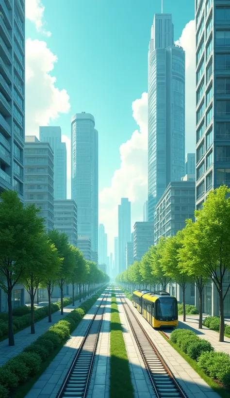 A modern city with high-rise buildings, modern facilities, skyscrapers, trams, electric trains, solar panels, lots of trees..... The poster describes the main idea in the above content with green and blue tones, attractive and impressive images, animated, ...