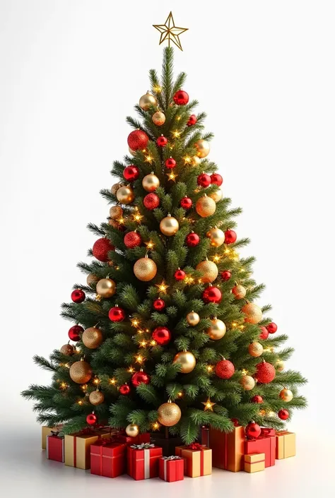 illuminated Christmas tree , decorated in red and gold with a white background