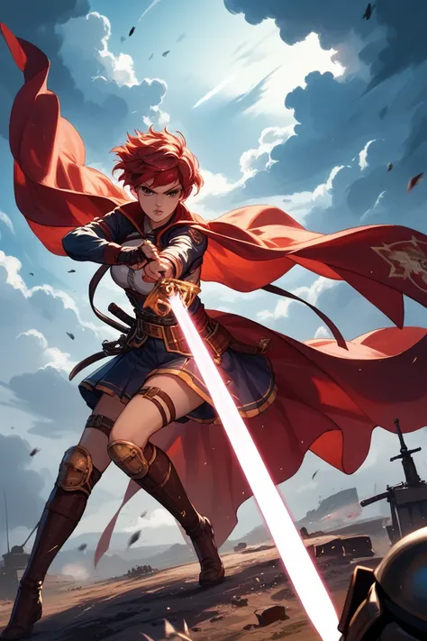 score_9, score_8_up, source_anime, anime, (battlefield:1.2), (stormy sky:1.2), 1girl, short red hair, intense expression, dynamic combat pose, glowing sword, flowing cape, dramatic lighting, high tension