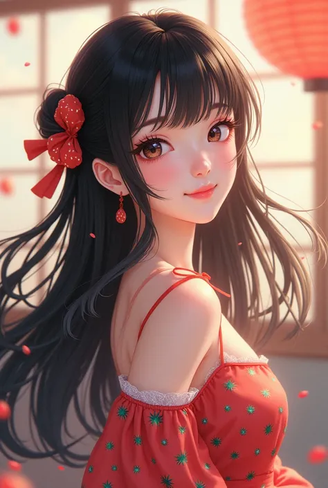 A beautiful Japanese  ,  she had long black hair ,  had a big smile and wore a Strawberry dress 