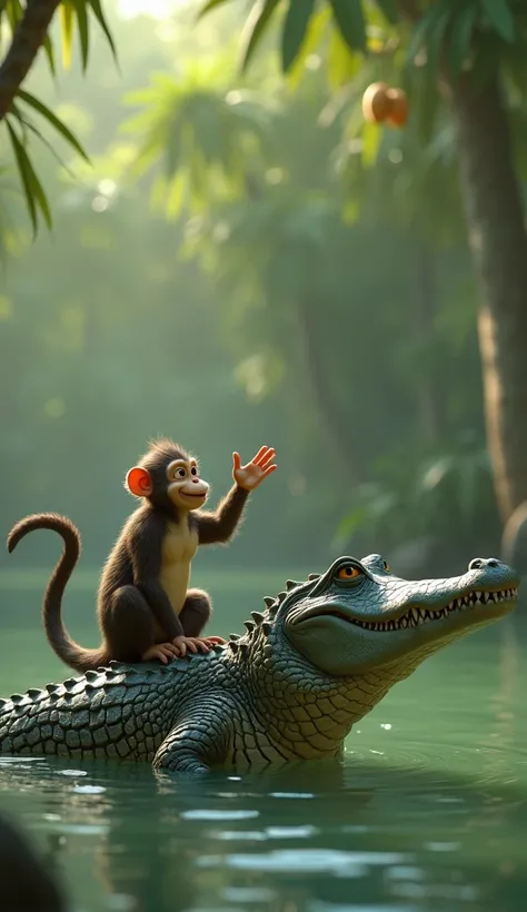 The monkey sits on the crocodile’s back in the river, pretending to laugh. He gestures towards the distant mango tree, explaining that he left his heart there. The crocodile looks confused but hopeful, turning toward the tree. The monkey appears calm yet s...