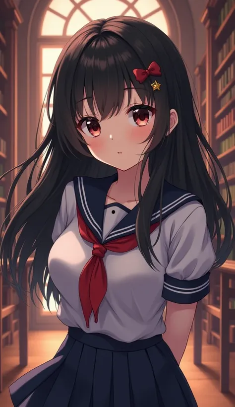 masterpiece, best quality, ultra-detailed, anime style, library, a cute girl, 1girl, solo, school uniform, beautiful black hair, beautiful eyes, large breast, ashamed