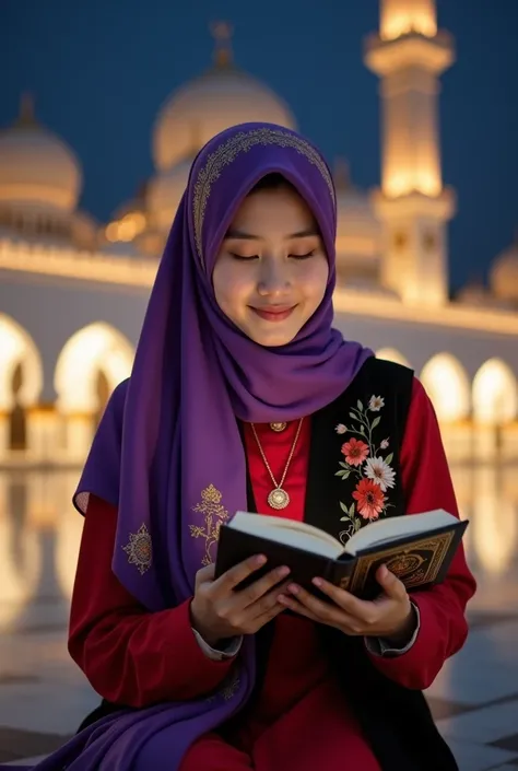 A beautiful korean girl wearing a purple hijab graded with a floral motif, a red blouse with a floral pattern, a black knee-length vest with a golden flower motif, wearing a necklace, while carrying a book with an embossed cover (AL QURAN) The holy book of...