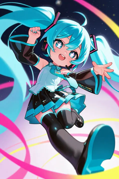   Photorealistic 、Chibi Miku （sing、Stars in my eyes、Cute Shoes）、  clear focus ,   super detailed  , Shining、Chibi Miku の周りに生物発光する舞茸