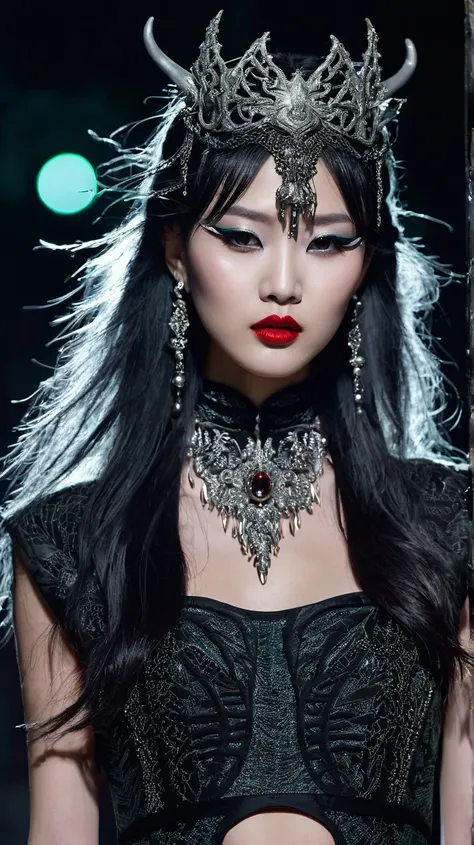 Portrait of an Asian female model of Thai, Japanese, Korean origin, long hair down to the waist, jet black with a dark green glow, silver highlights like cold mist. The bangs are cut loosely, one side is long to cover the eyes, braided with small strands o...