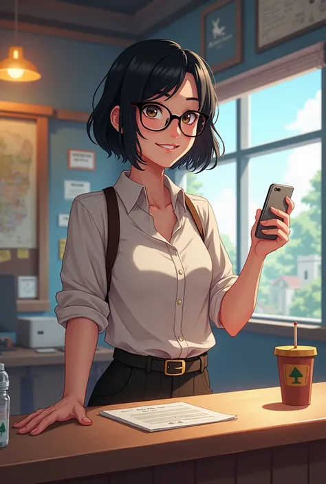 Black short haired girl wear glasses with tall 165 cm, she looks like adventure guild receptionist in anime style