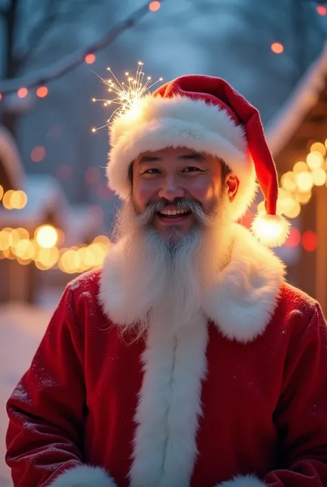 Korean man wearing santa hot having a Christmas light on her hat 