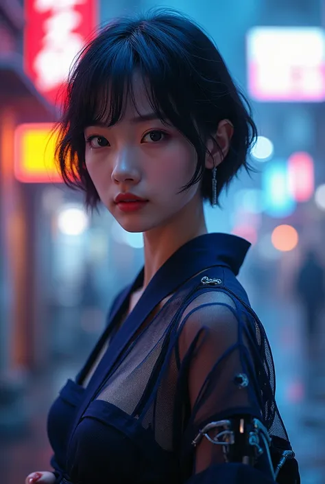 a beautiful cyberpunk girl wearing a yukata, highly detailed, intricate machinery and circuits visible underneath sheer fabric, glowing neon lights, dramatic lighting, cinematic composition, photorealistic, award winning digital art, 8k、fan、 Short Hairstyl...