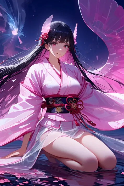 (masterpiece, best quality:1.2), 1 girl, unique, (pink Japanese Yukata with detailed imagery of sakura petals, translucent, ethereal, concept, bleeding in with background), excited, beautiful detailed glistening eyes, beautiful detailed smile, parted lips,...