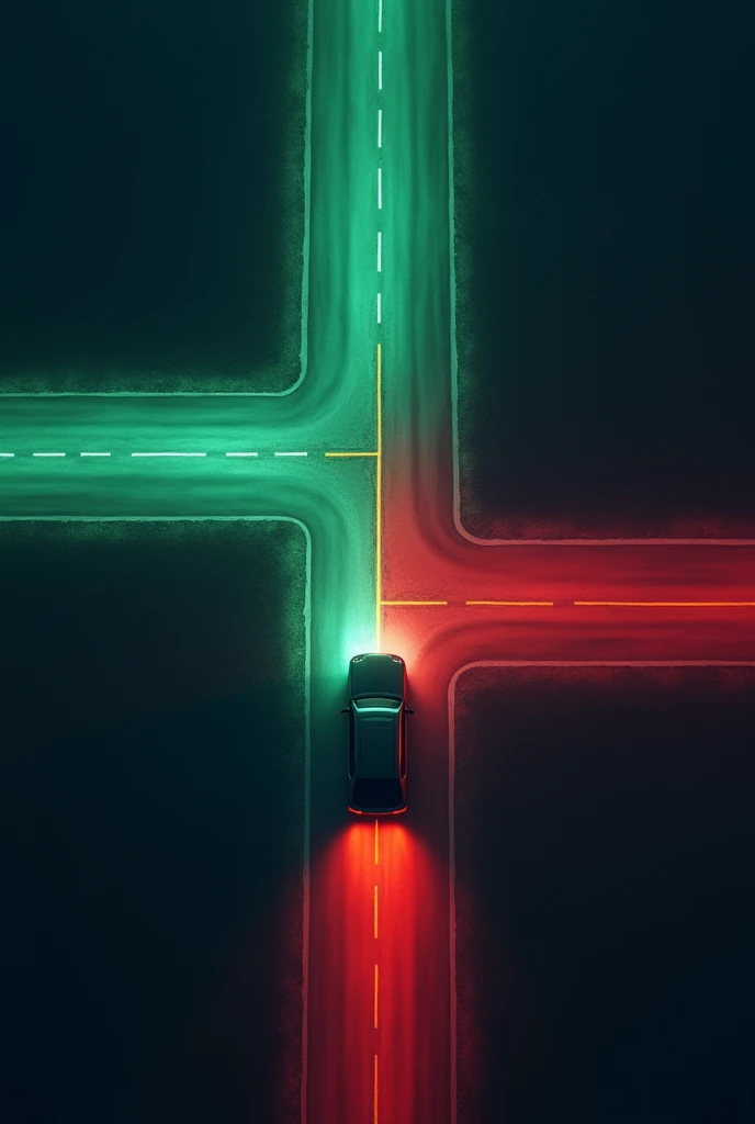 "An aerial view of a car at a crossroads with only two roads diverging in opposite directions. The left road is illuminated with a bright green glow, symbolizing a positive path, while the right road is illuminated with a deep red glow, symbolizing a negat...