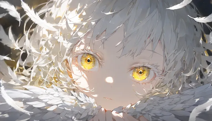 an angel, looking over shoulder, neutral expression, glowing, white eyelashes, hands togethers, yellow eyes, short white messy hair, close up of face, depth of field, vignette, angel wings, falling white feathers, watercolour