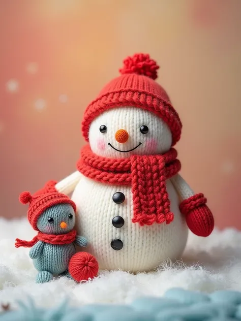 A snowman made of woolly knitting， cute image，Knitting style， colorful wool material ， red scarf and hat，Woolen doll ，Colorful gradient background，soft，Product Photography，panoramic