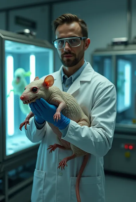 A hyper-realistic photograph of a scientist standing in a high-tech laboratory, holding a grotesque, oversized rat-like creature in his gloved hands. The creature’s furless body is covered in pale, veiny skin with unnatural bioluminescent patches glowing f...