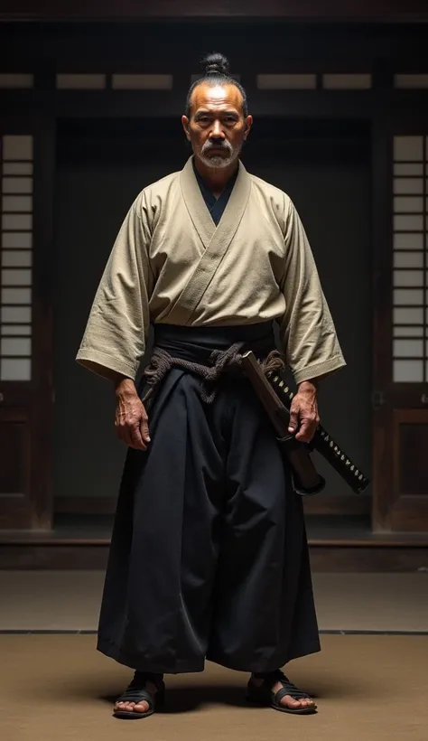 A middle-aged samurai warrior, dressed in traditional Japanese attire, standing tall and resolute with a serious expression, against a backdrop of a dimly lit, traditional Japanese castle interior.

BREAK

Samurai robe, hakama pants, tabi boots, katana swo...