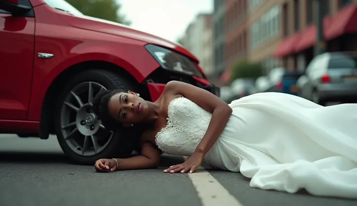 A very beautiful black woman wearing a white wedding dress, is lying down in the street, in front of a Red car after being crashed by that red car, with little injuries 