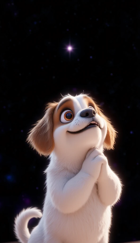 A 3D Pixar-style animation of a Lhasa Apso puppy with Disneys 3D animation features. The puppy is white with caramel spots on its eyes, paws, and tail. is in a prayer position with its paws together. The puppy is looking up at the sky with an expression of...