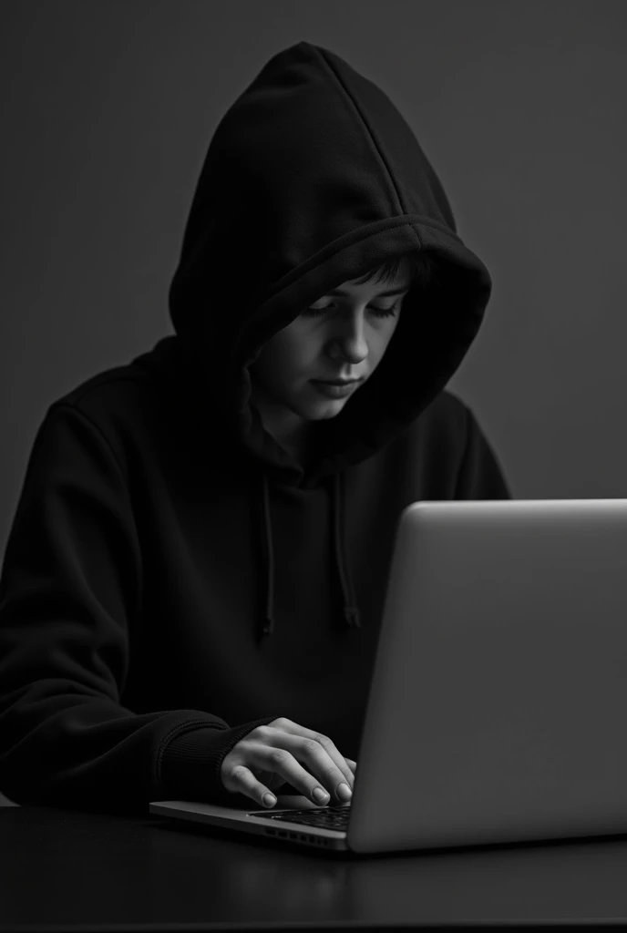 "Create a black-and-white 1:1 aspect ratio image of a faceless boy sitting in front of a laptop, deeply focused on his work. He is wearing a hoodie with the hood pulled up, obscuring his face completely, giving him a faceless appearance. The boy is typing ...