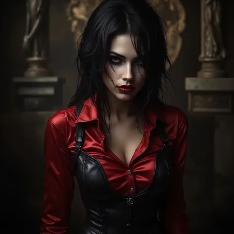 Super Detailed, laraw1nt3rflx , dark hair, wearing red satin collared shirt, long sleeves, tight corset, latex pants, looking at viewer, sensual expression, fierce look, perfect make-up, cannon 6d, octane render, striking, expressive look, (smiling:1.3), a...