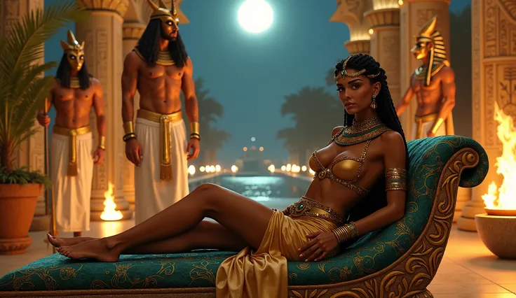 (Ultra-detailed, photo-realistic, 4K, high resolution, masterpiece:1.5), a stunning and exotic Egyptian woman with an alluring, seductive presence. She is depicted in a full-body pose, reclining gracefully on an ornate chaise lounge draped in luxurious gol...