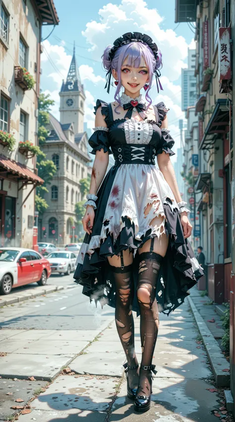 lolita,silver hair, purple hair tips,Left eye red Right eye white,In abandoned buildings,A morbid expression, torn clothes ,  torn legwear,Bloodstaining,thighhighs, heart-shaped pupils，Gothic Laurie Skirt,naughty face，looking at viewer,,，（  clearly visible...