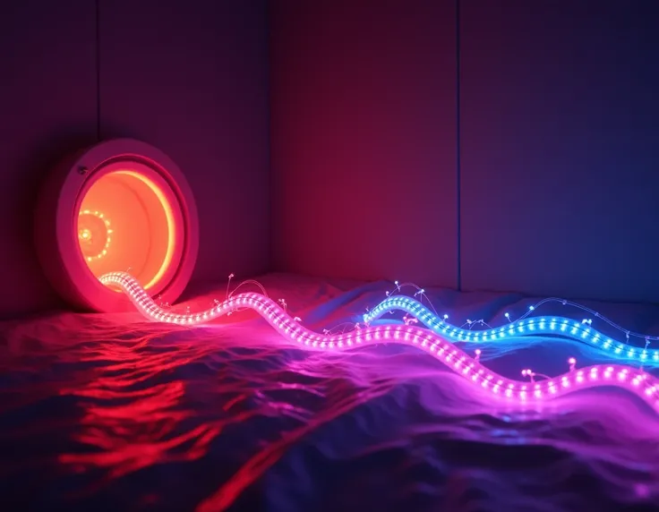 An immersive sensory environment featuring glowing fiber optic LED strands. The fiber optic strands emit a bright red light and are laid loosely in gentle waves on a smooth, padded surface. The strands originate from a circular light source on the left. Cr...